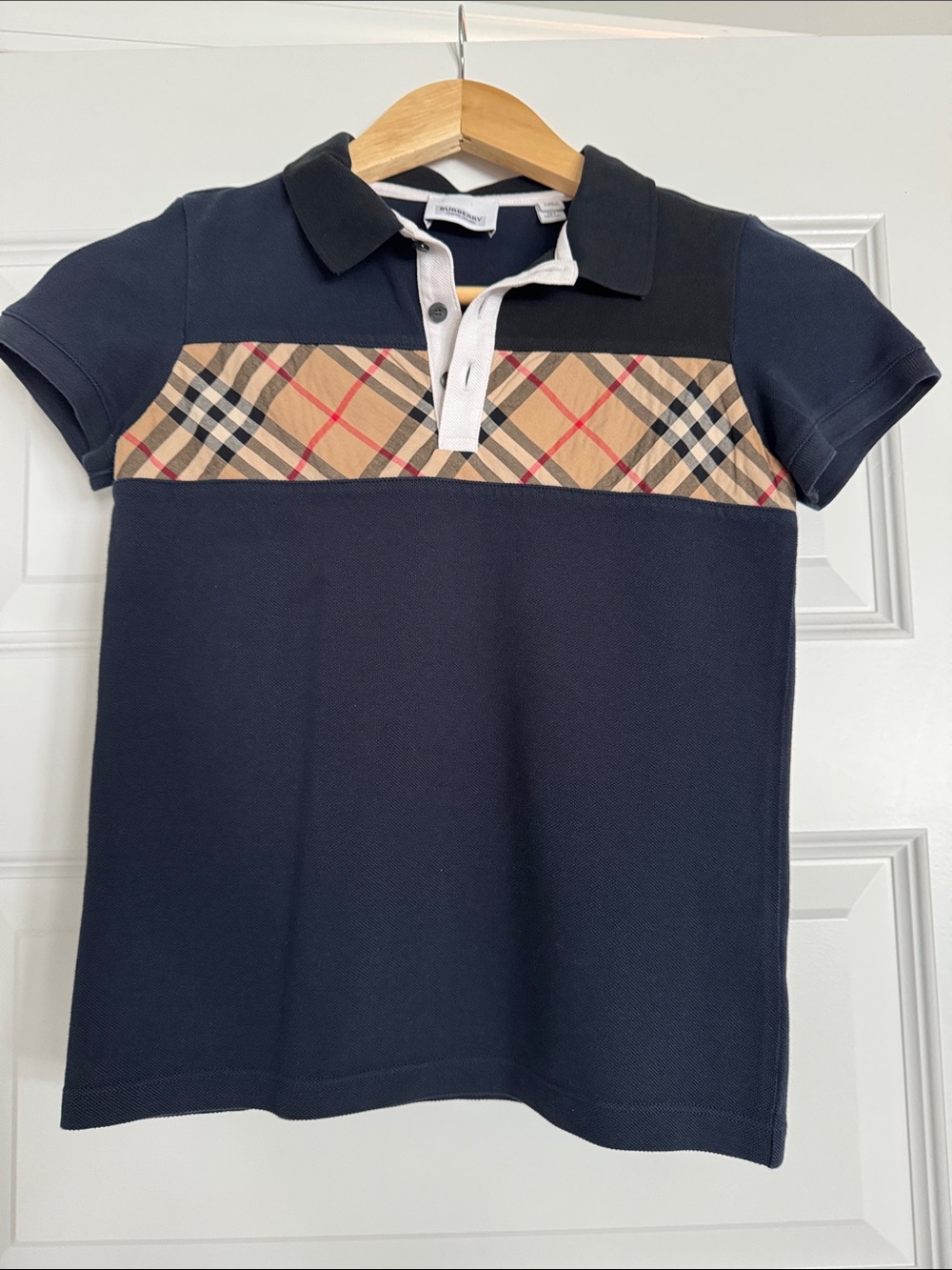 Burberry Boys Size 10 Navy Polo with Tan Plaid Chest Panel and Black Collar